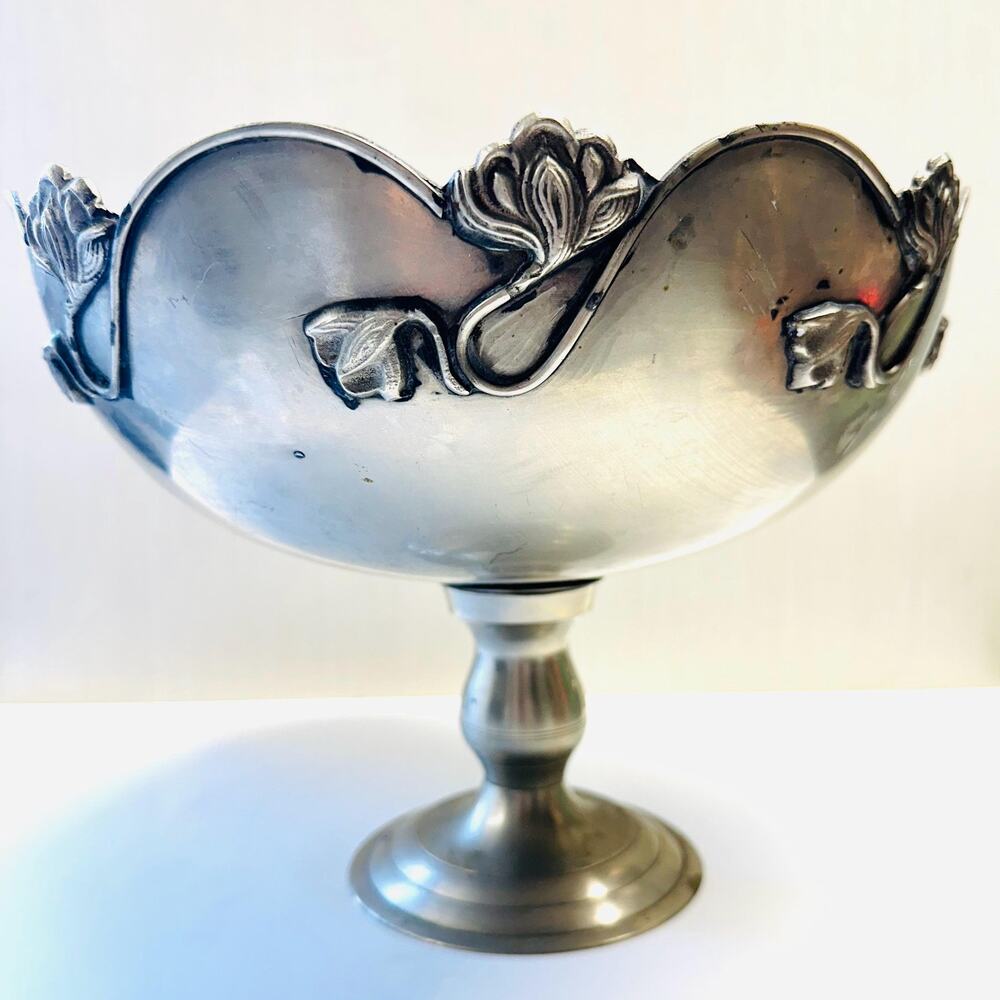 Vintage Art Nouveau Silver Toned Pedestal Compote Bowl Floral